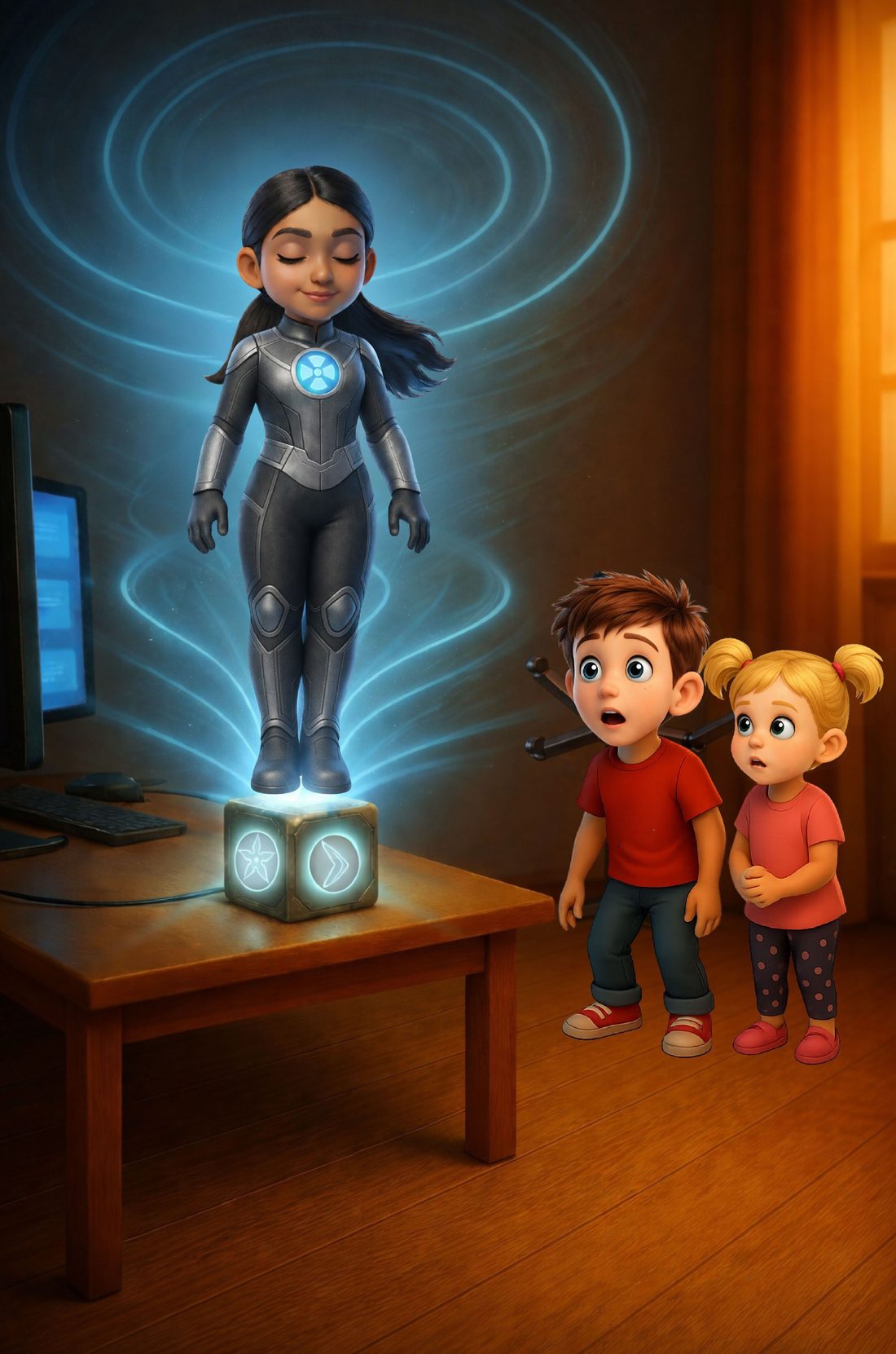 Aisha appears out of the glowing Cube on George's desk while George and Kate watch.