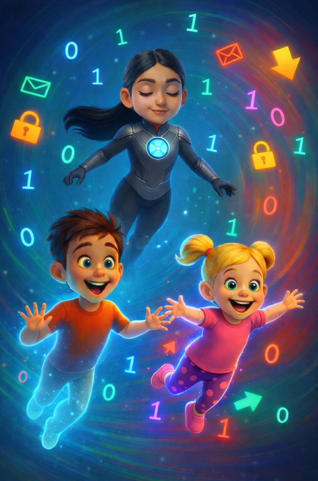 George, Kate and Aisha travelling through the Digital Stream, surrounded by ones, zeroes and padlocks.